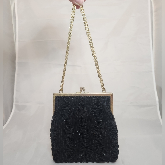 Vintage Handbags - Vintage Black and Gold Beaded Purse w/ Adjustable chain strap Made in Hong Kong